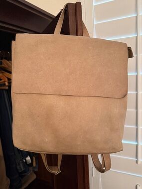 Eileen Fisher Tan Suede Leather Backpack Purse Foldover Minimalist